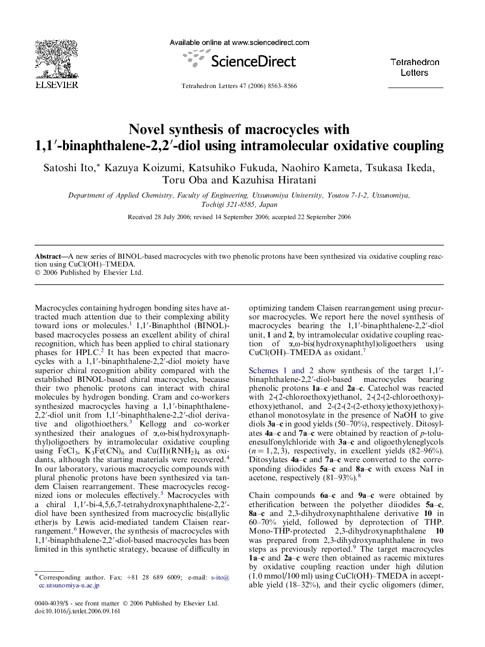 Novel synthesis of macrocycles with 1,1â²-binaphthalene-2,2â²-diol using intramolecular oxidative coupling