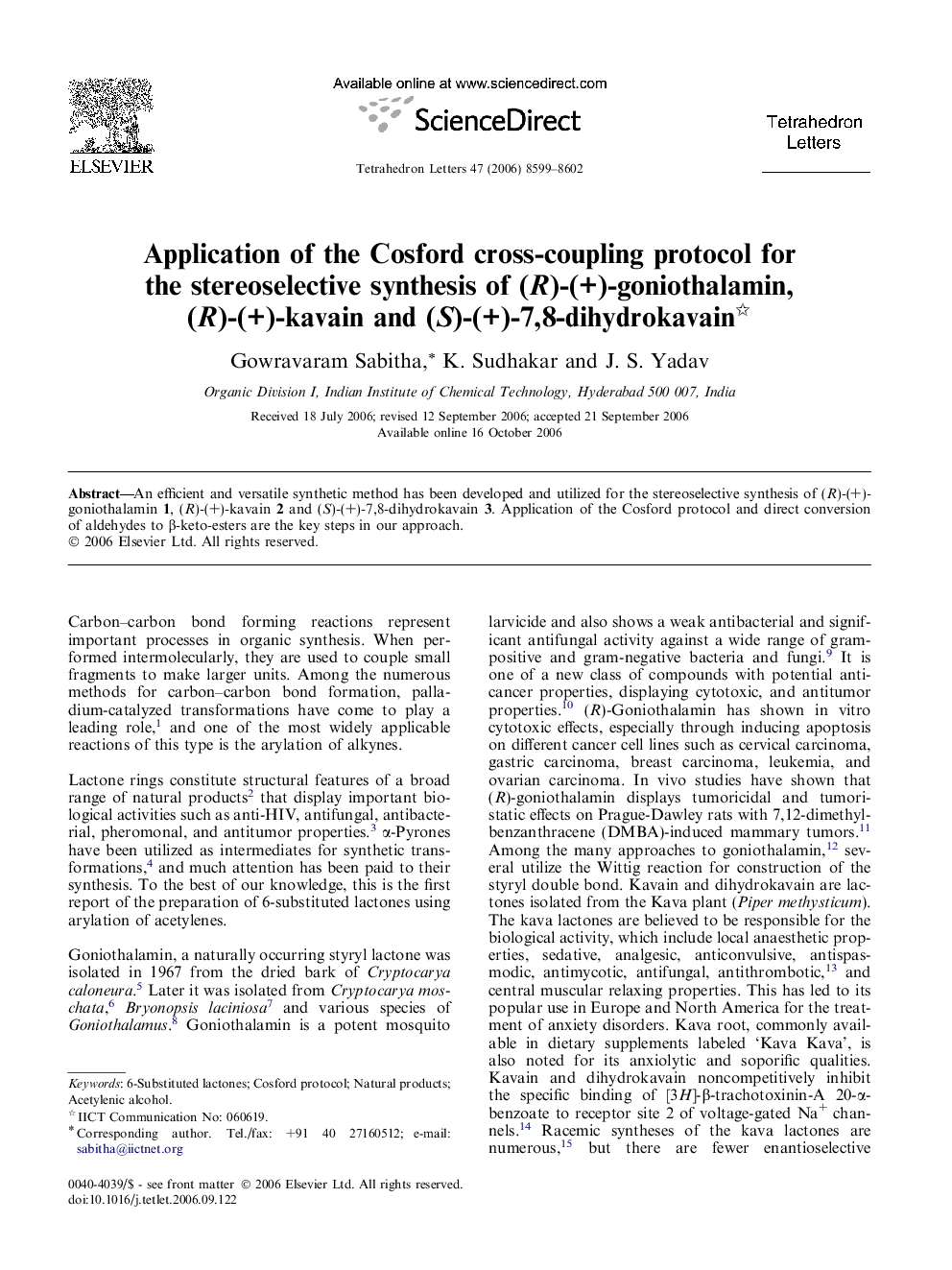 Application of the Cosford cross-coupling protocol for the stereoselective synthesis of (R)-(+)-goniothalamin, (R)-(+)-kavain and (S)-(+)-7,8-dihydrokavain