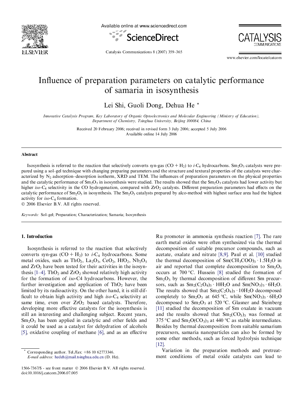 Influence of preparation parameters on catalytic performance of samaria in isosynthesis