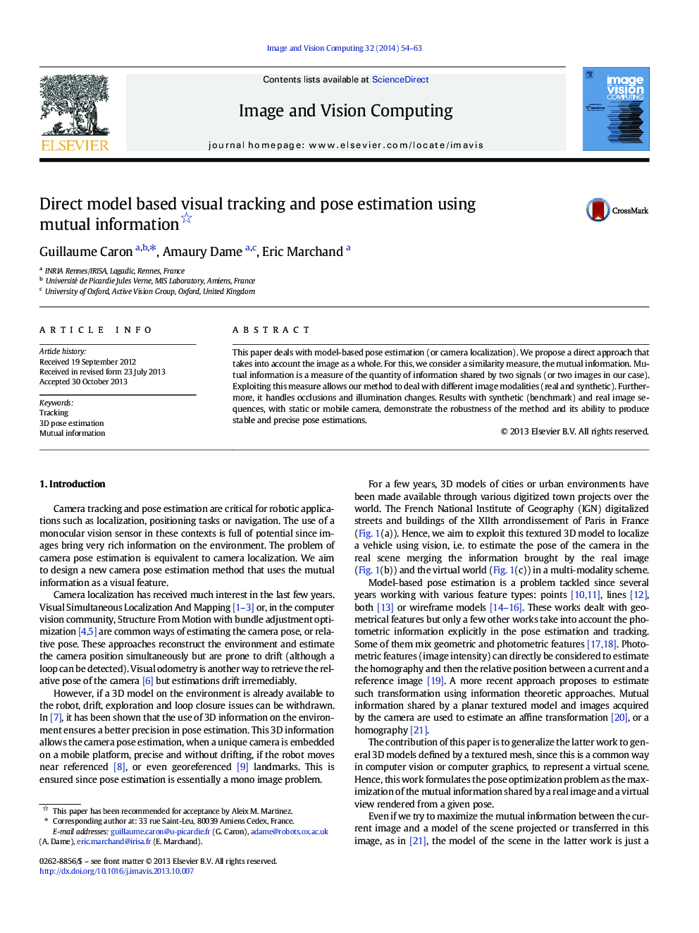 Direct model based visual tracking and pose estimation using mutual information 