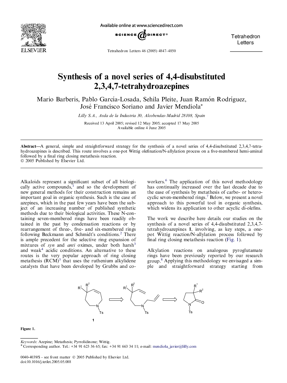 Synthesis of a novel series of 4,4-disubstituted 2,3,4,7-tetrahydroazepines