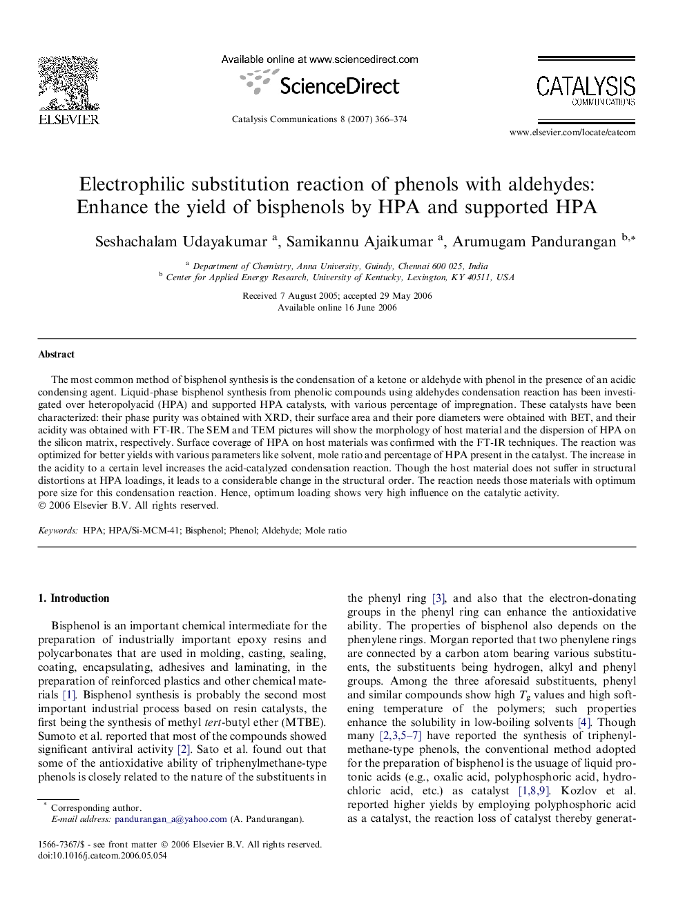 Electrophilic substitution reaction of phenols with aldehydes: Enhance the yield of bisphenols by HPA and supported HPA