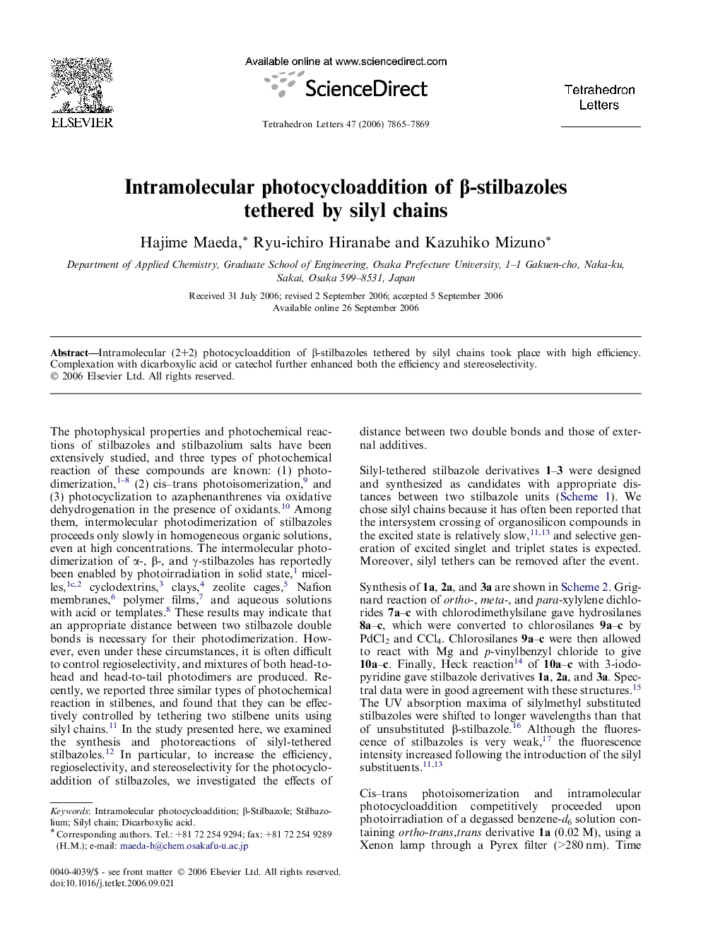 Intramolecular photocycloaddition of Î²-stilbazoles tethered by silyl chains