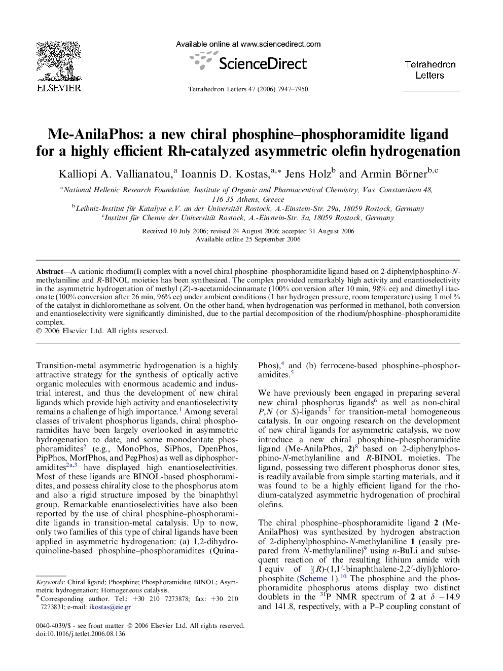 Me-AnilaPhos: a new chiral phosphine-phosphoramidite ligand for a highly efficient Rh-catalyzed asymmetric olefin hydrogenation