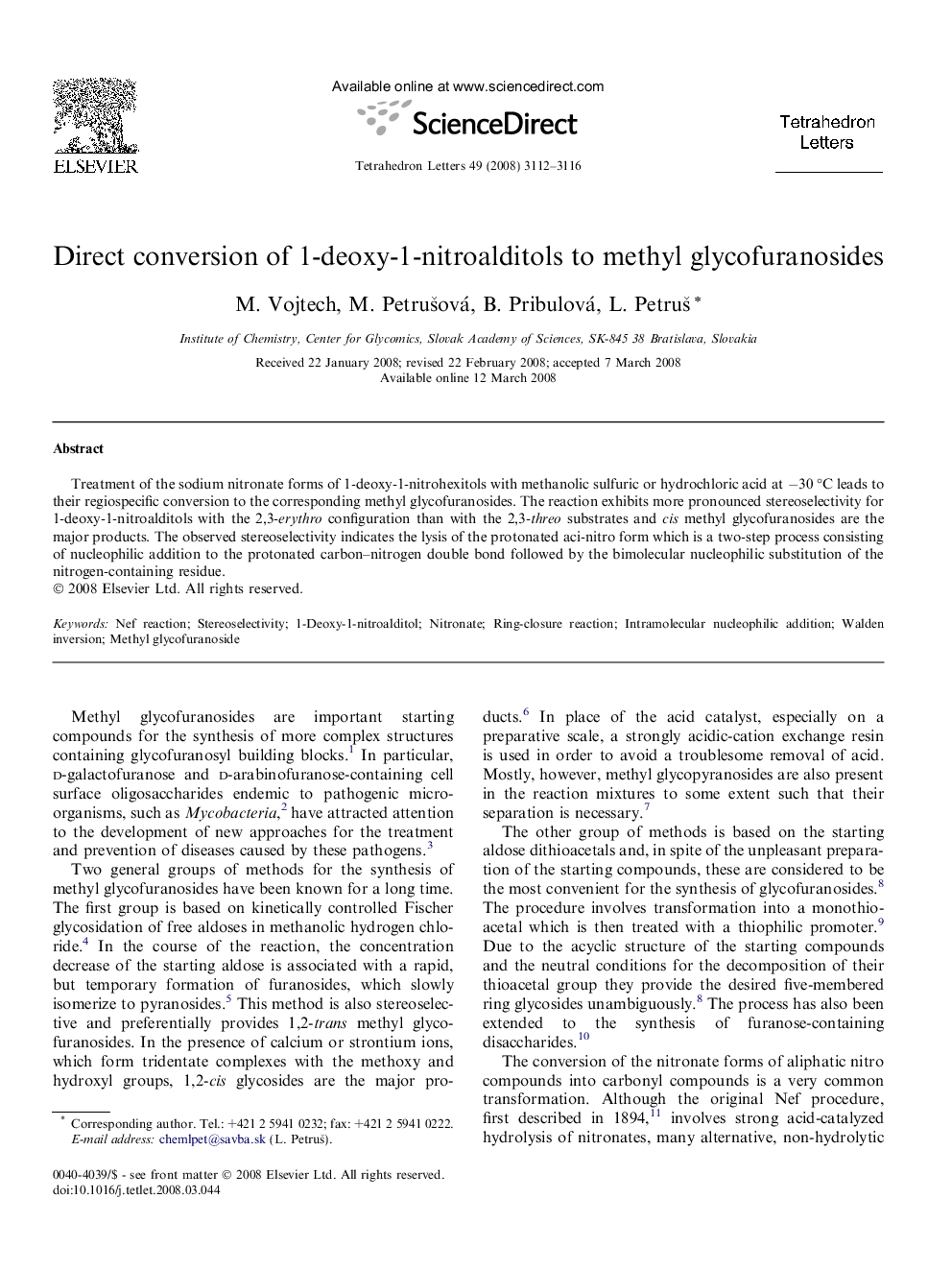 Direct conversion of 1-deoxy-1-nitroalditols to methyl glycofuranosides