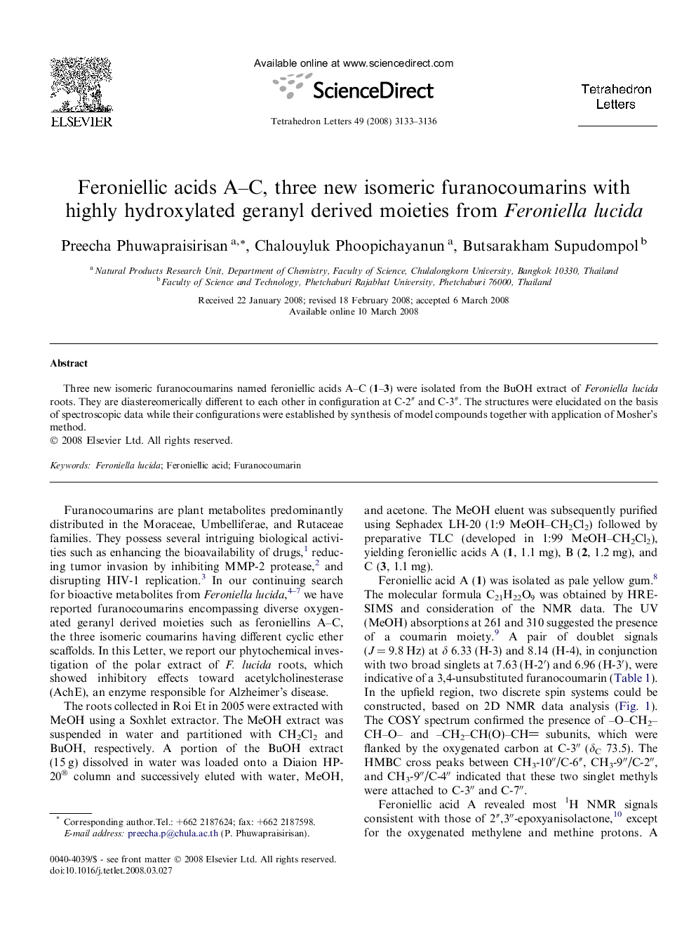 Feroniellic acids A-C, three new isomeric furanocoumarins with highly hydroxylated geranyl derived moieties from Feroniella lucida