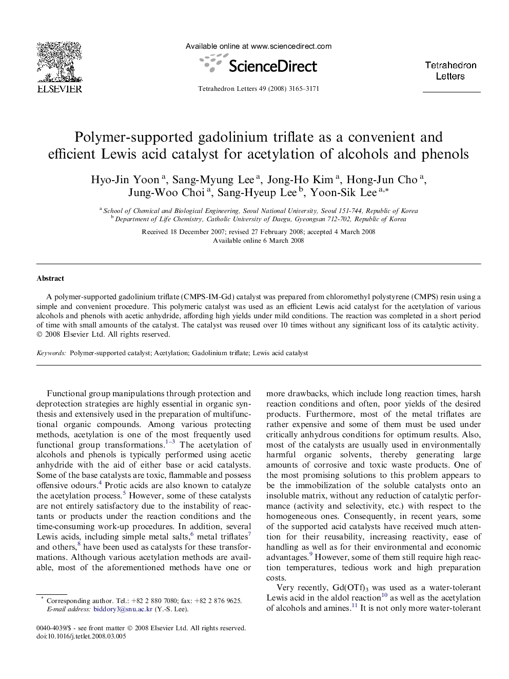 Polymer-supported gadolinium triflate as a convenient and efficient Lewis acid catalyst for acetylation of alcohols and phenols