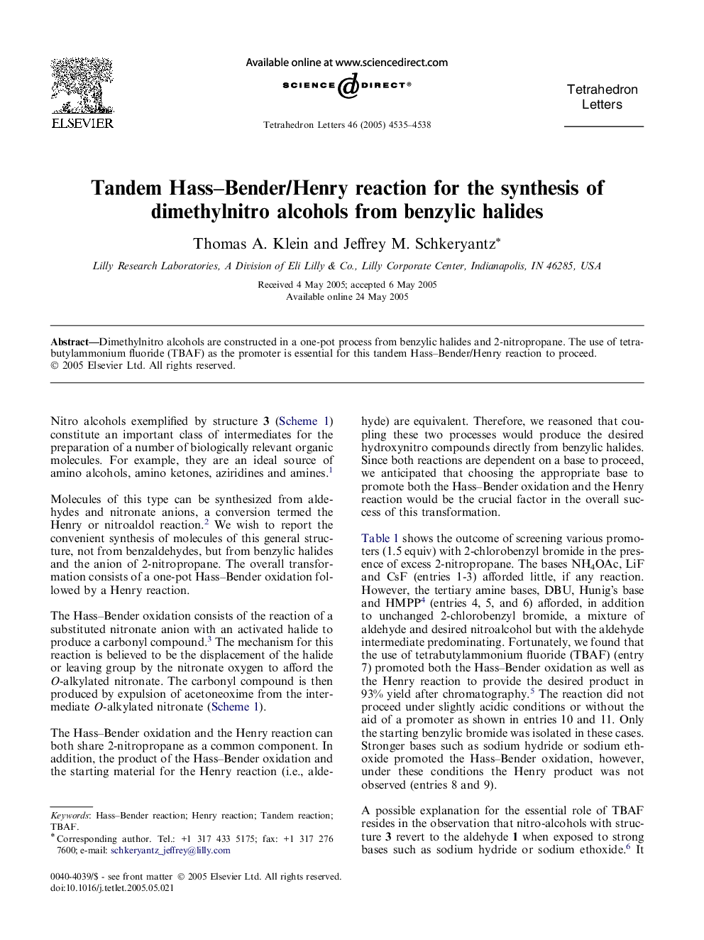 Tandem Hass-Bender/Henry reaction for the synthesis of dimethylnitro alcohols from benzylic halides