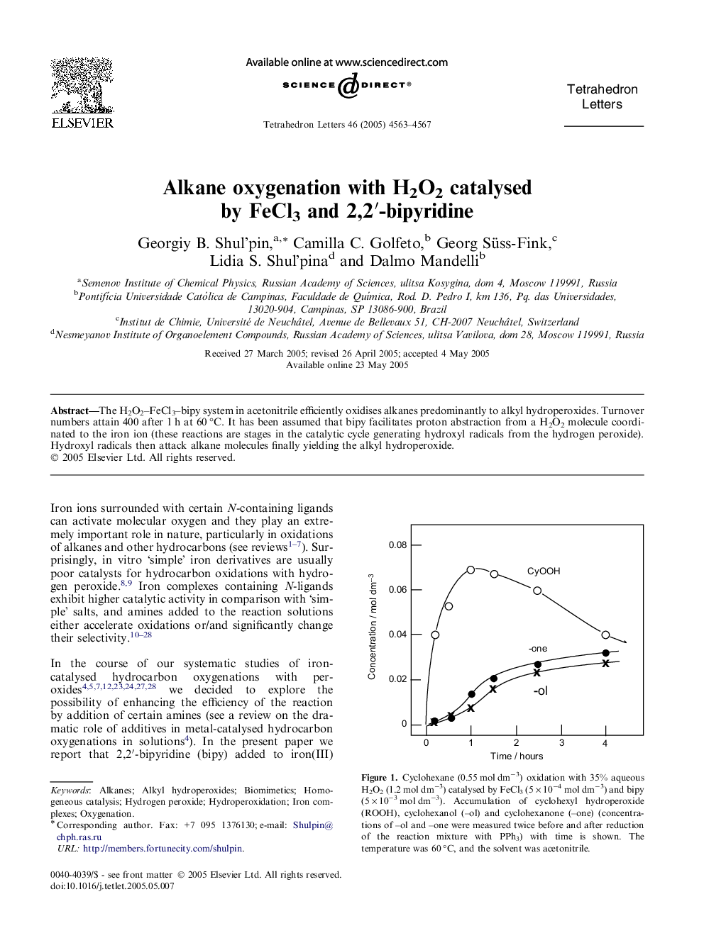 Alkane oxygenation with H2O2 catalysed by FeCl3 and 2,2â²-bipyridine