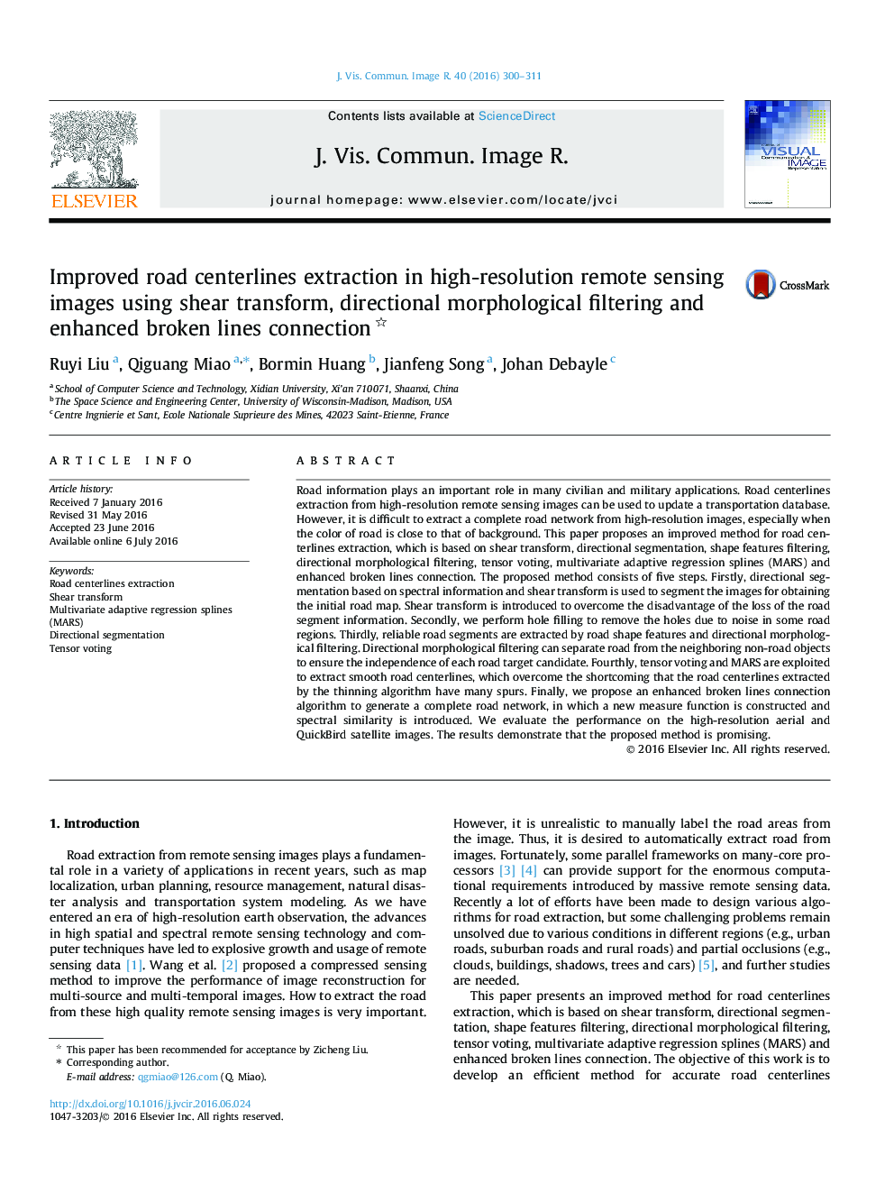 Improved road centerlines extraction in high-resolution remote sensing images using shear transform, directional morphological filtering and enhanced broken lines connection 