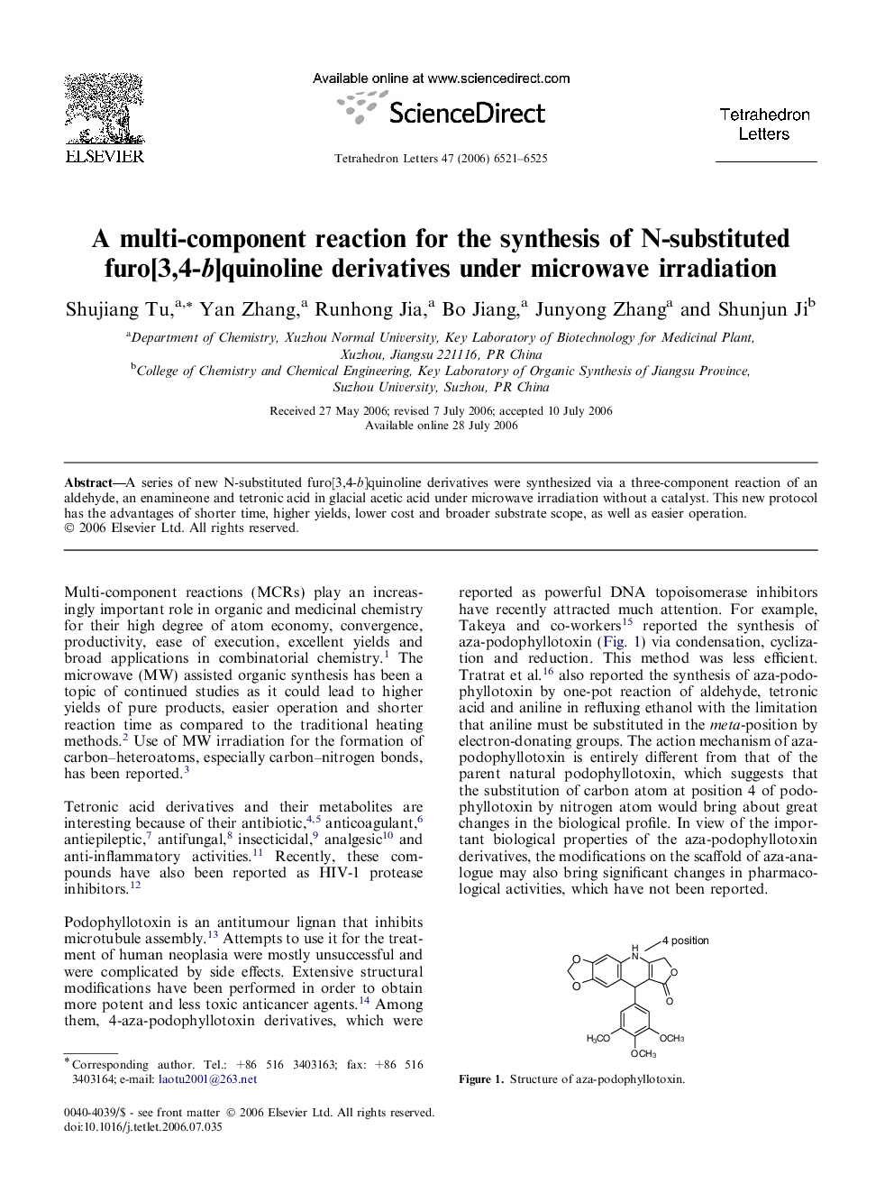 A multi-component reaction for the synthesis of N-substituted furo[3,4-b]quinoline derivatives under microwave irradiation