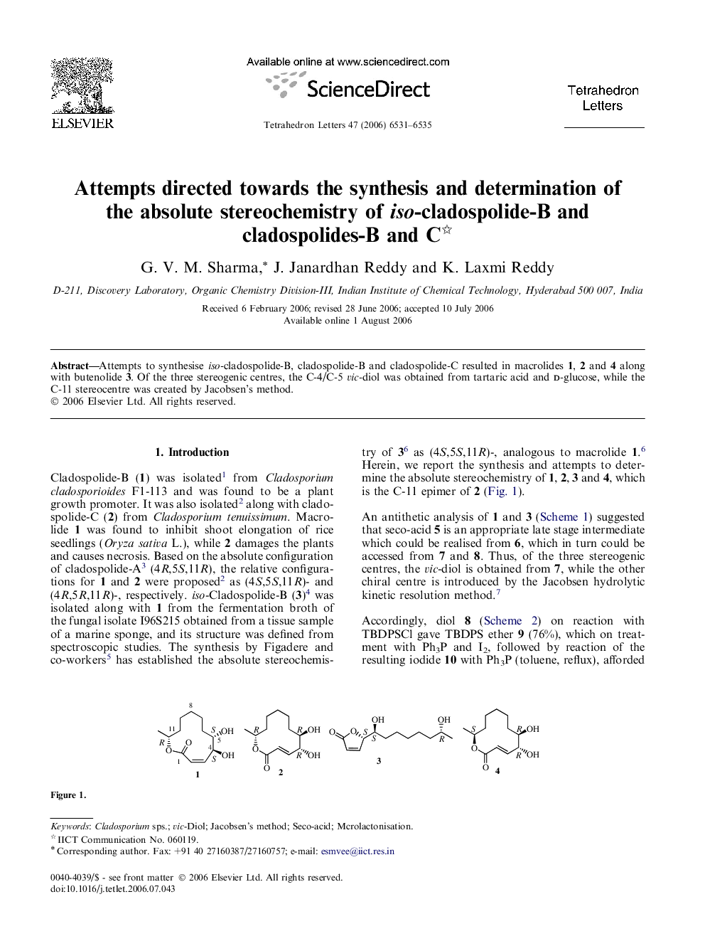 Attempts directed towards the synthesis and determination of the absolute stereochemistry of iso-cladospolide-B and cladospolides-B and C