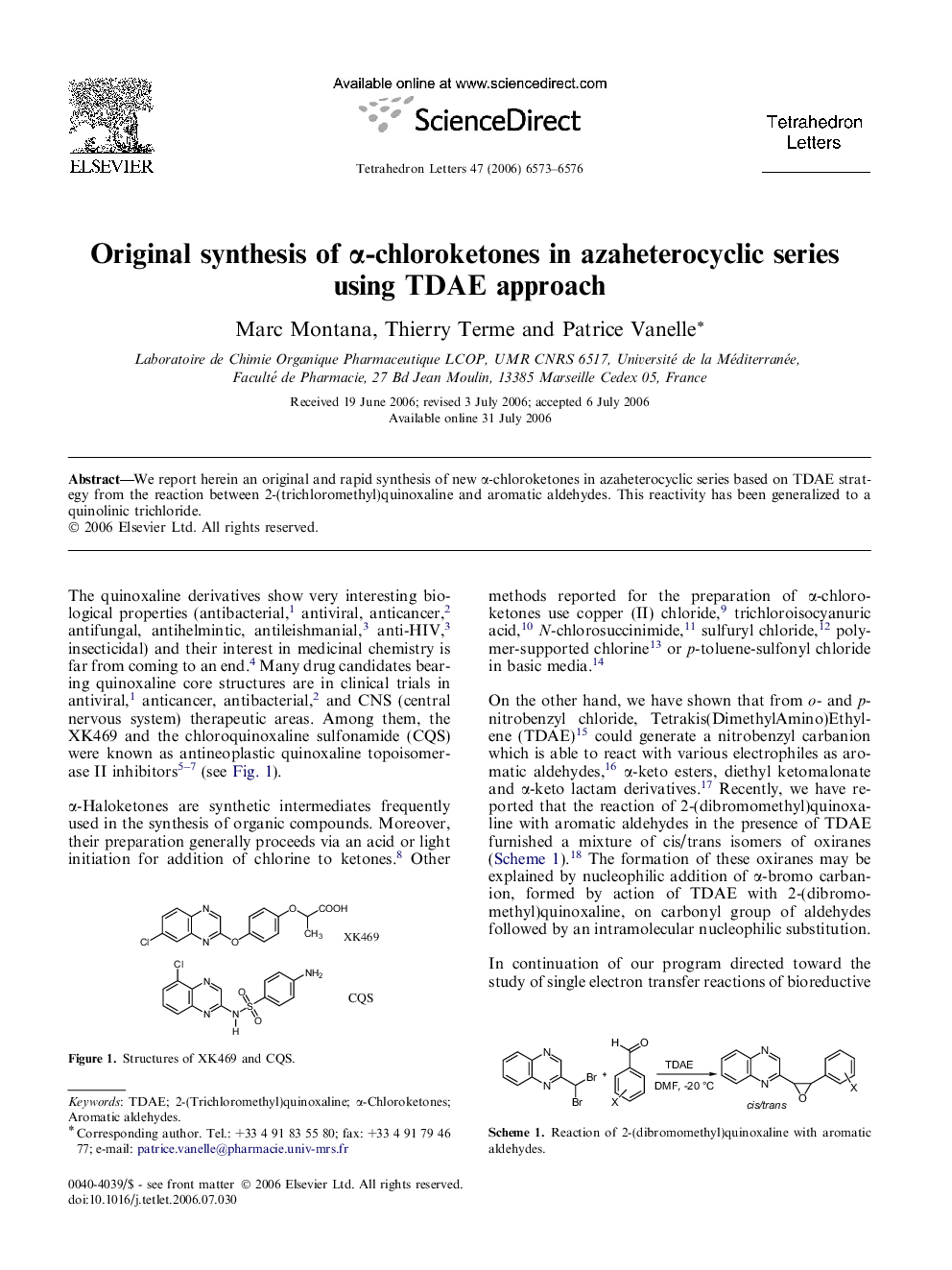 Original synthesis of Î±-chloroketones in azaheterocyclic series using TDAE approach