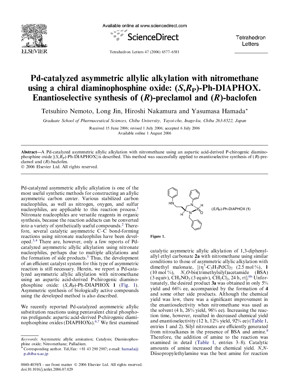 Pd-catalyzed asymmetric allylic alkylation with nitromethane using a chiral diaminophosphine oxide: (S,RP)-Ph-DIAPHOX. Enantioselective synthesis of (R)-preclamol and (R)-baclofen