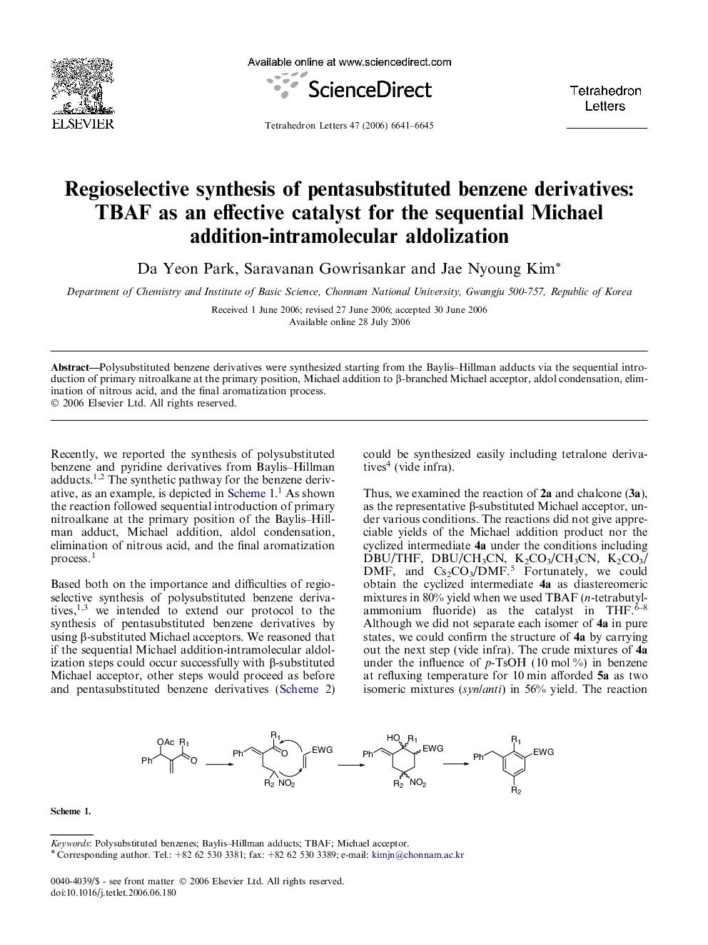 Regioselective synthesis of pentasubstituted benzene derivatives: TBAF as an effective catalyst for the sequential Michael addition-intramolecular aldolization