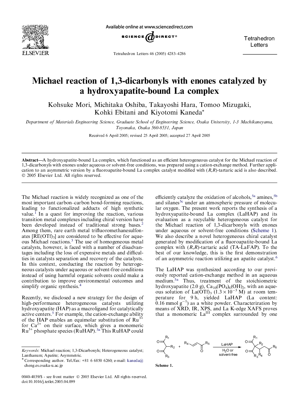 Michael reaction of 1,3-dicarbonyls with enones catalyzed by a hydroxyapatite-bound La complex