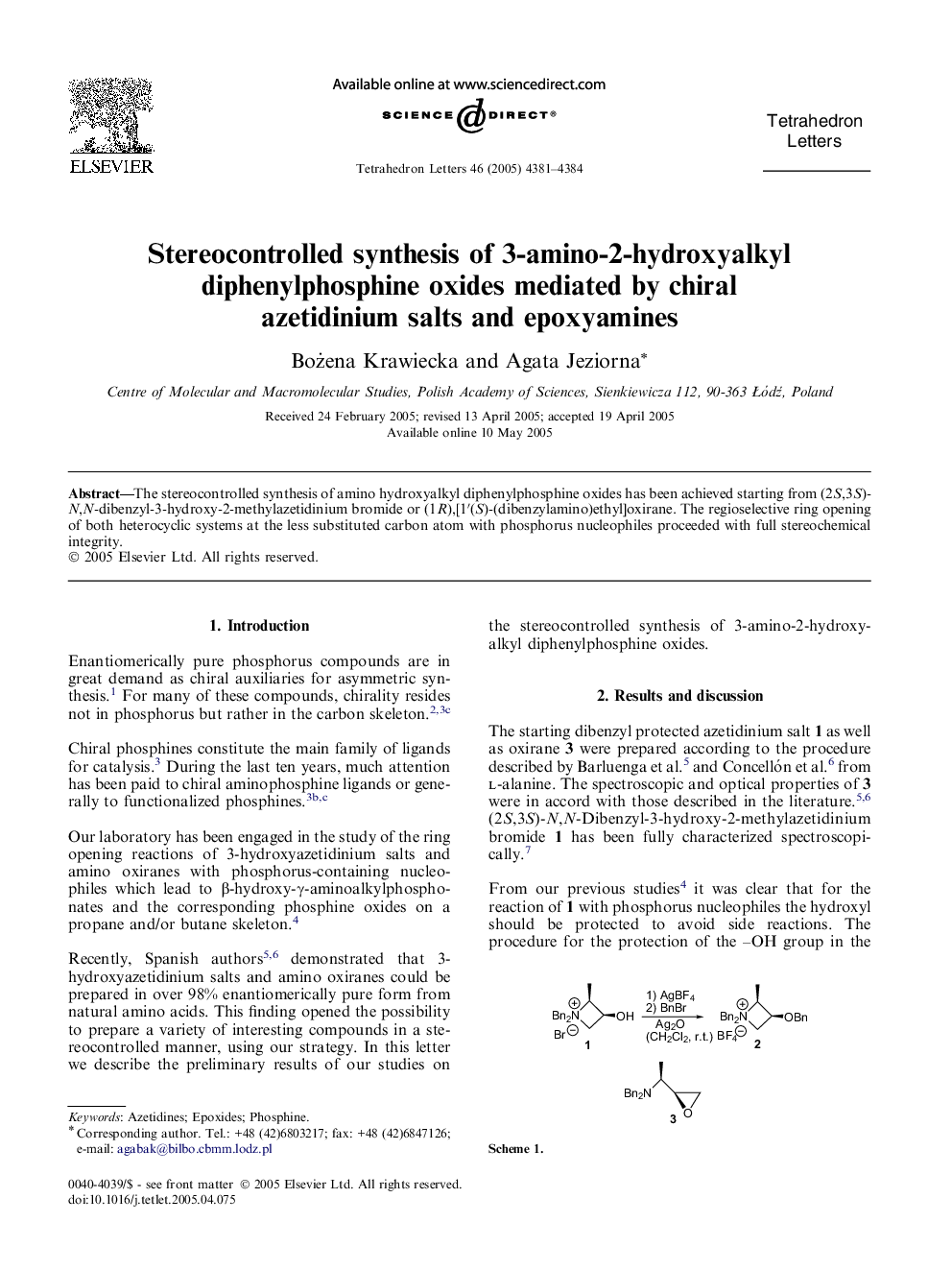 Stereocontrolled synthesis of 3-amino-2-hydroxyalkyl diphenylphosphine oxides mediated by chiral azetidinium salts and epoxyamines