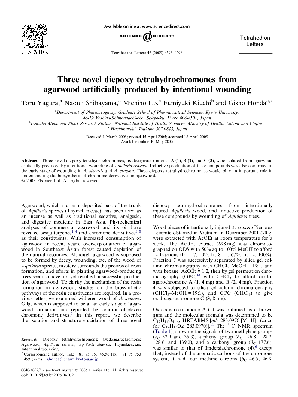 Three novel diepoxy tetrahydrochromones from agarwood artificially produced by intentional wounding