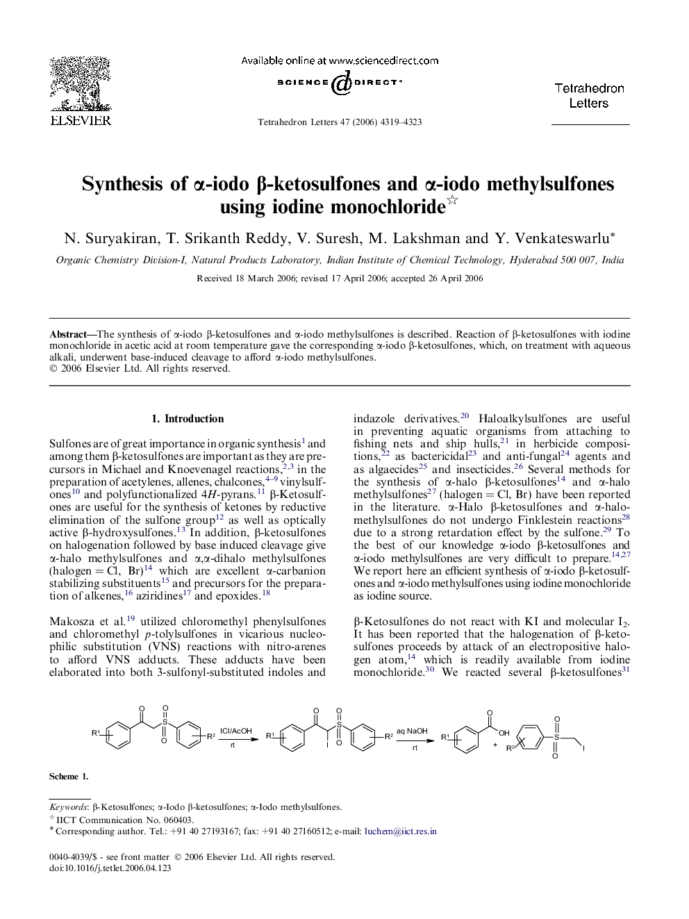 Synthesis of Î±-iodo Î²-ketosulfones and Î±-iodo methylsulfones using iodine monochloride