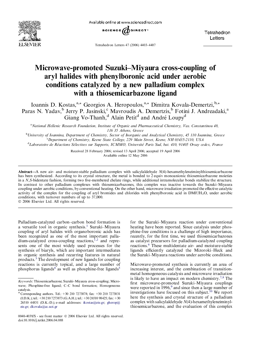 Microwave-promoted Suzuki-Miyaura cross-coupling of aryl halides with phenylboronic acid under aerobic conditions catalyzed by a new palladium complex with a thiosemicarbazone ligand