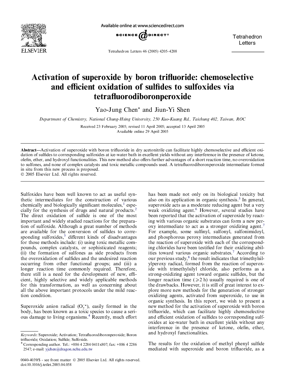 Activation of superoxide by boron trifluoride: chemoselective and efficient oxidation of sulfides to sulfoxides via tetrafluorodiboronperoxide