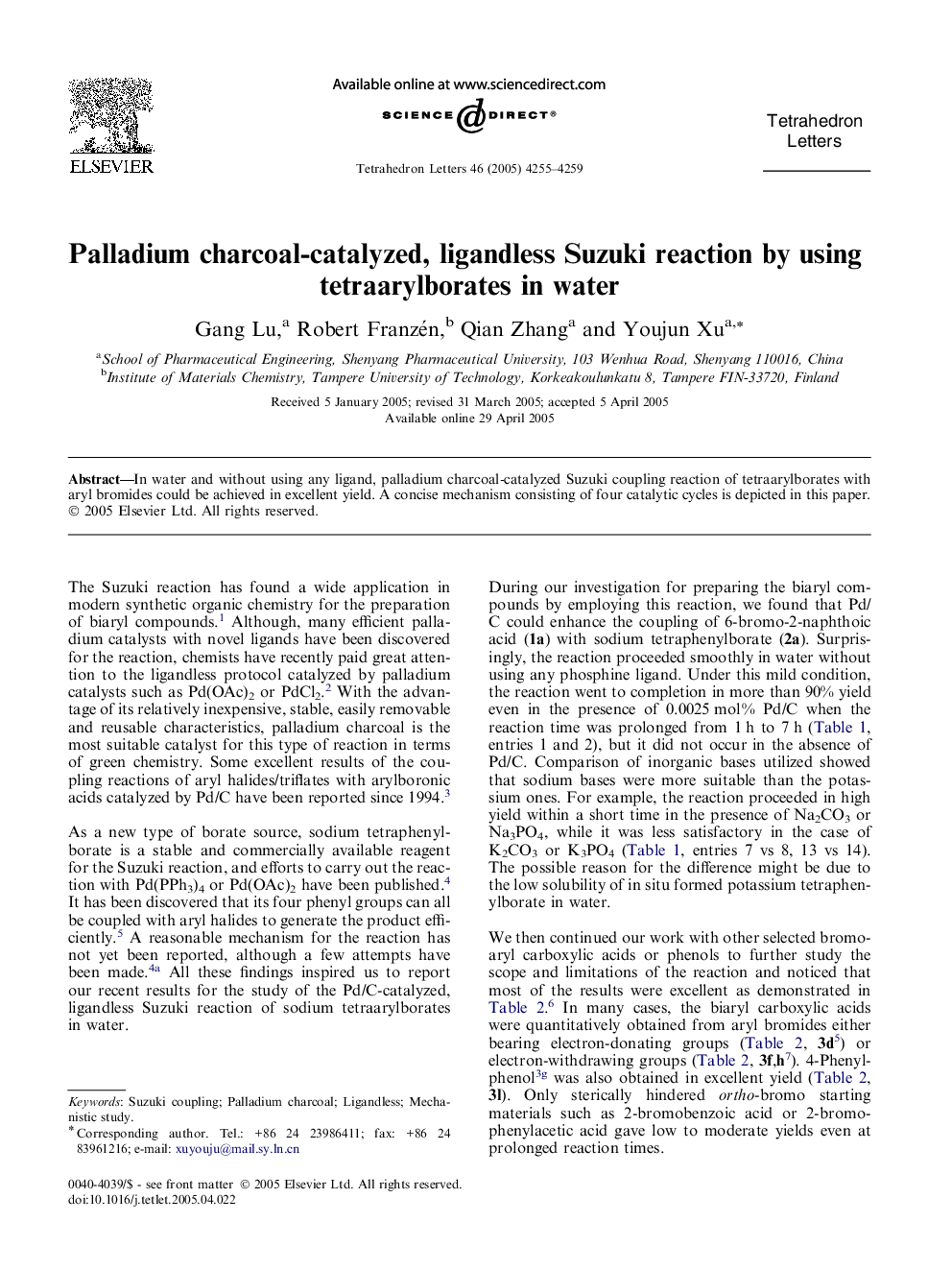 Palladium charcoal-catalyzed, ligandless Suzuki reaction by using tetraarylborates in water