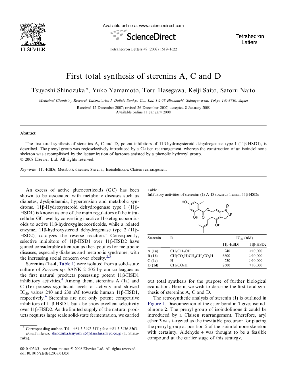 First total synthesis of sterenins A, C and D