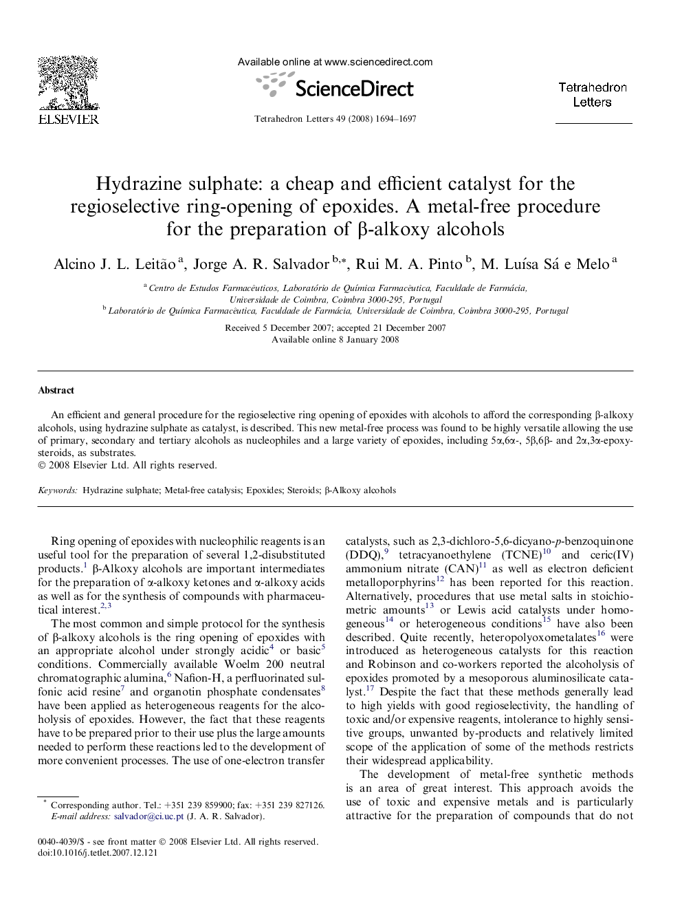 Hydrazine sulphate: a cheap and efficient catalyst for the regioselective ring-opening of epoxides. A metal-free procedure for the preparation of Î²-alkoxy alcohols