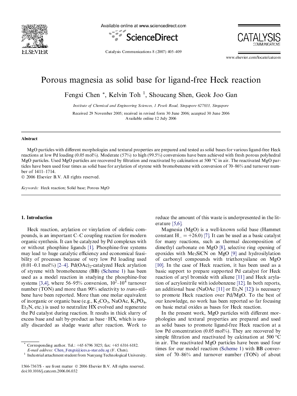 Porous magnesia as solid base for ligand-free Heck reaction