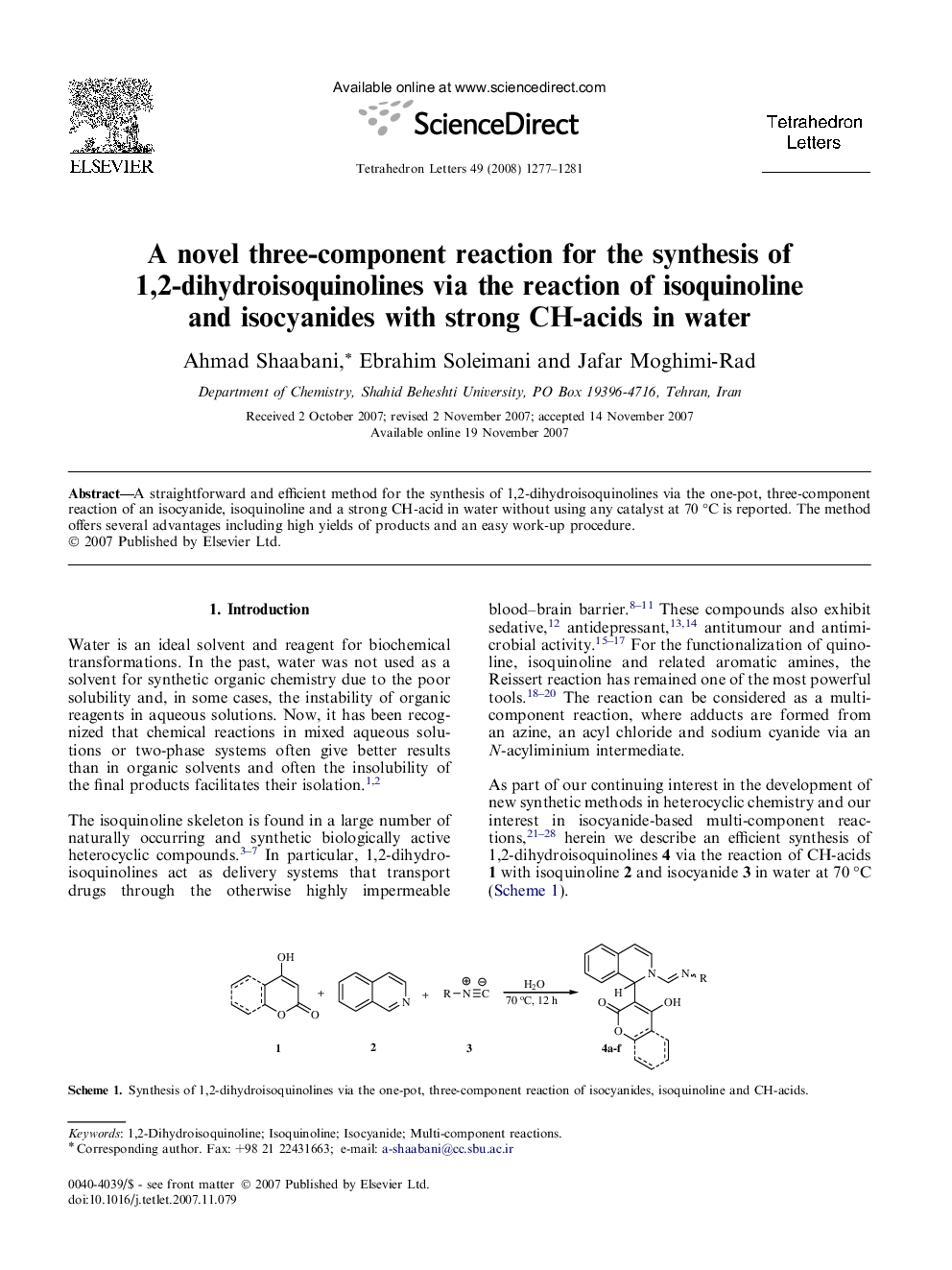 A novel three-component reaction for the synthesis of 1,2-dihydroisoquinolines via the reaction of isoquinoline and isocyanides with strong CH-acids in water