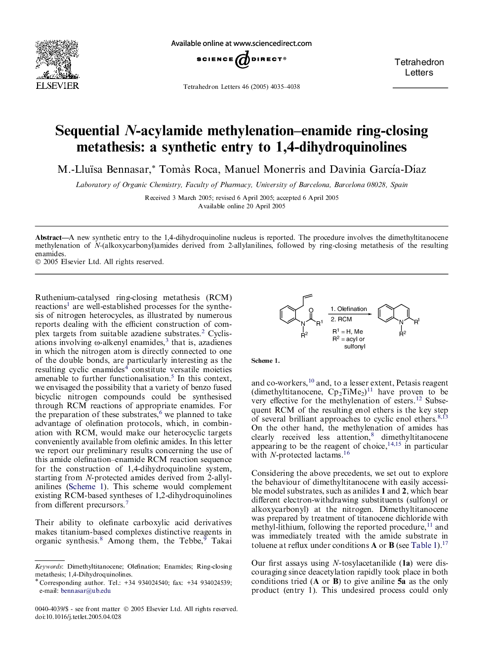 Sequential N-acylamide methylenation-enamide ring-closing metathesis: a synthetic entry to 1,4-dihydroquinolines