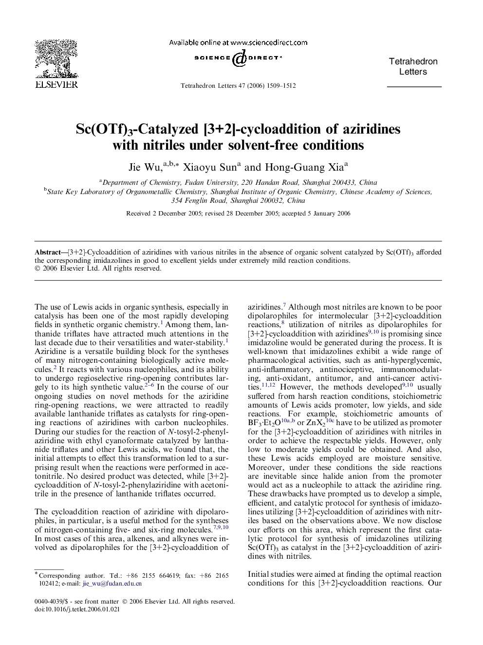 Sc(OTf)3-Catalyzed [3+2]-cycloaddition of aziridines with nitriles under solvent-free conditions