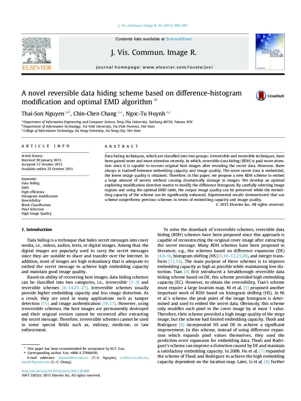 A novel reversible data hiding scheme based on difference-histogram modification and optimal EMD algorithm 