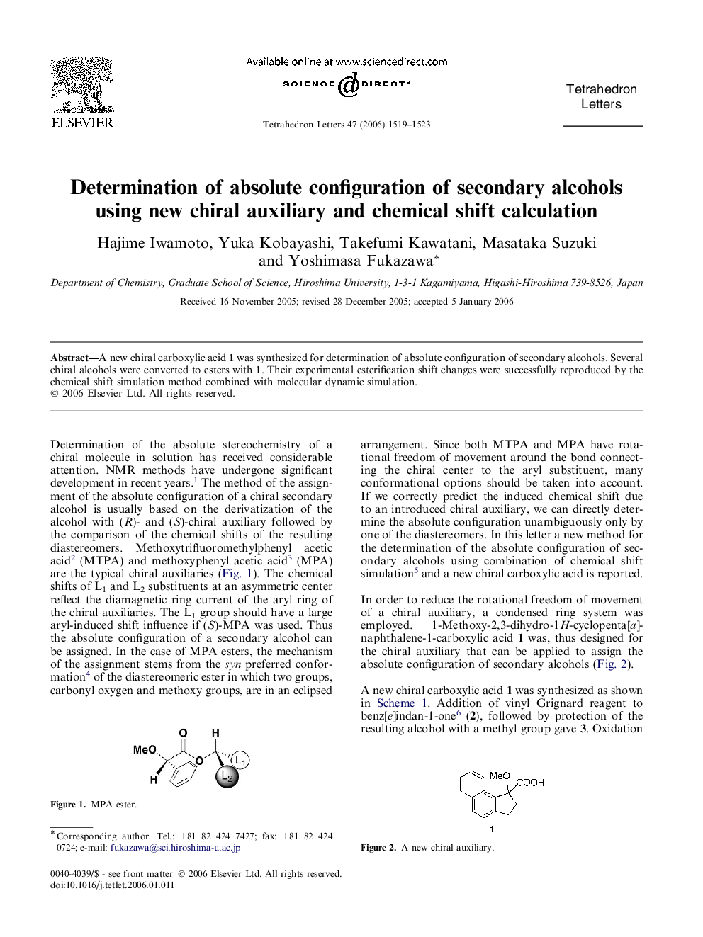 Determination of absolute configuration of secondary alcohols using new chiral auxiliary and chemical shift calculation