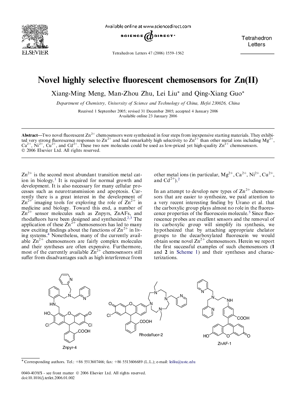 Novel highly selective fluorescent chemosensors for Zn(II)