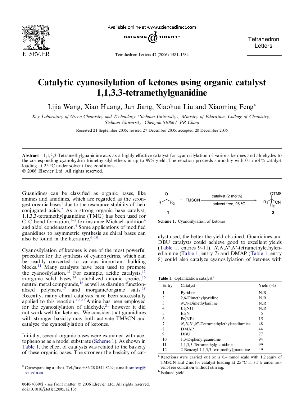 Catalytic cyanosilylation of ketones using organic catalyst 1,1,3,3-tetramethylguanidine