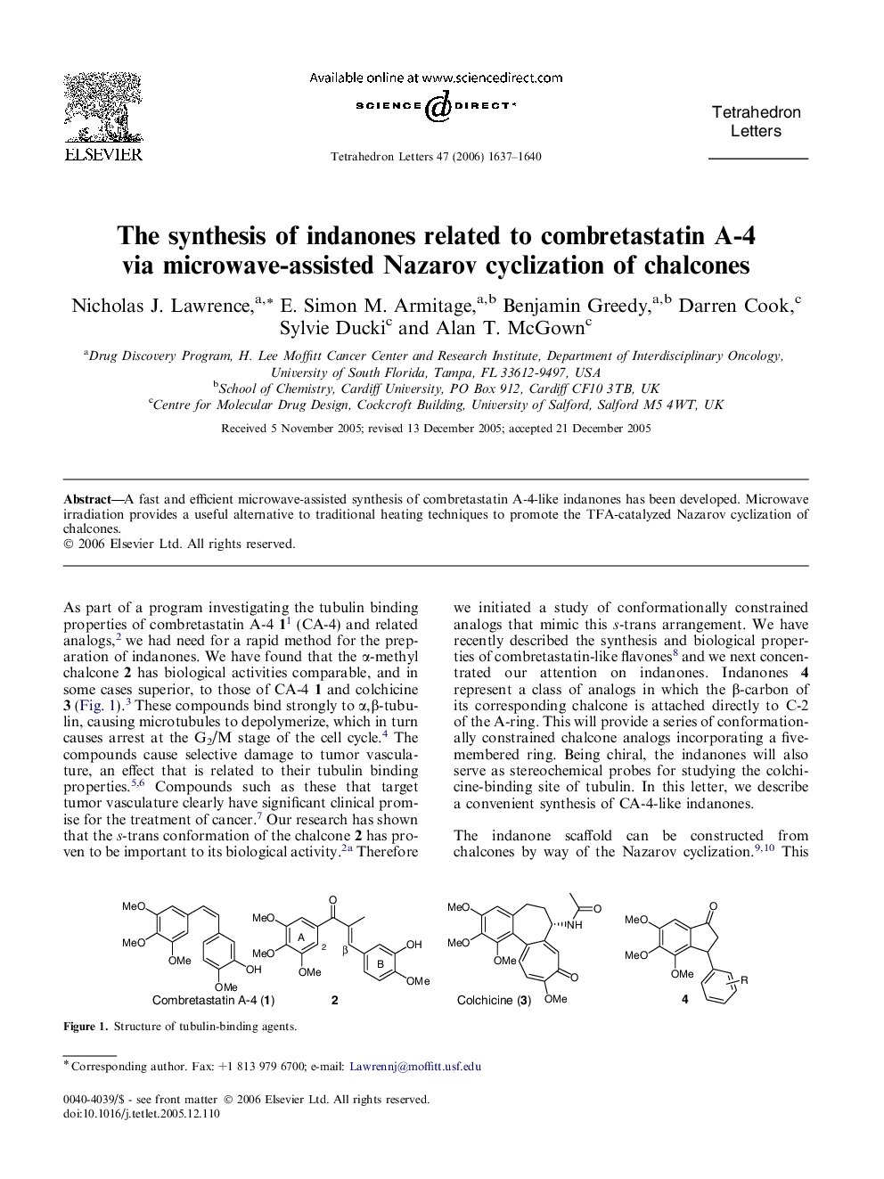 The synthesis of indanones related to combretastatin A-4 via microwave-assisted Nazarov cyclization of chalcones