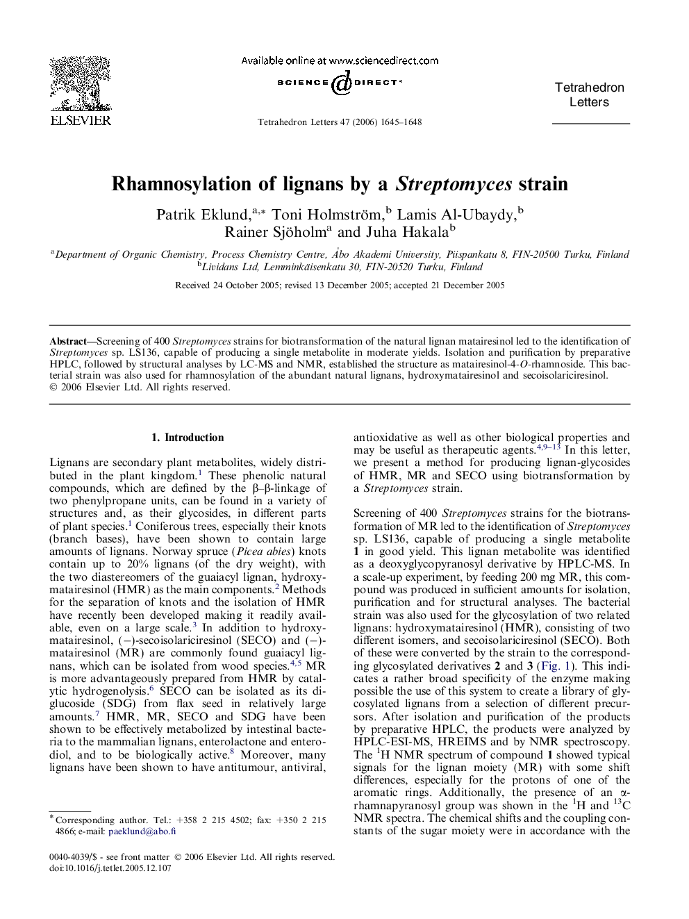 Rhamnosylation of lignans by a Streptomyces strain