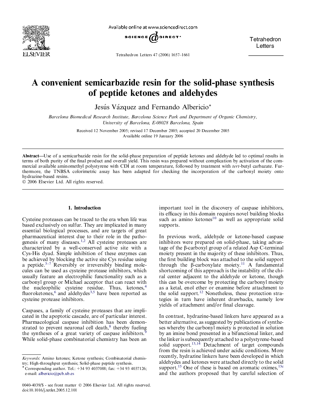 A convenient semicarbazide resin for the solid-phase synthesis of peptide ketones and aldehydes