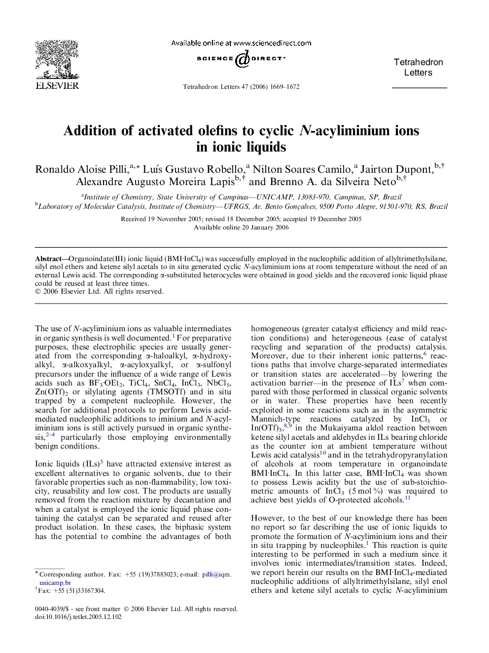 Addition of activated olefins to cyclic N-acyliminium ions in ionic liquids