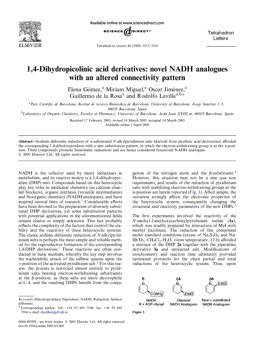 1,4-Dihydropicolinic acid derivatives: novel NADH analogues with an altered connectivity pattern