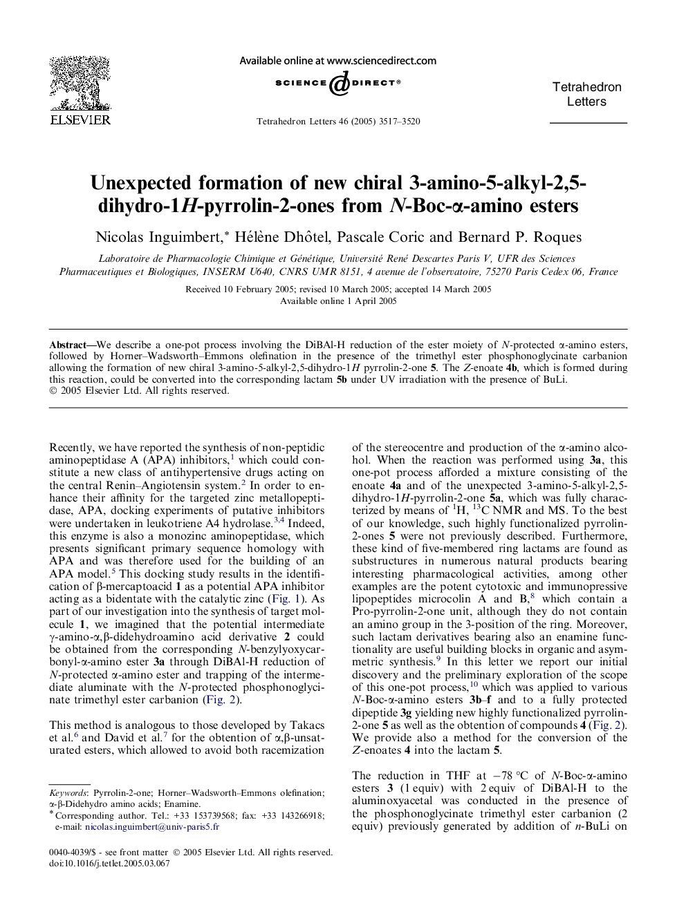 عکس صفحه اول مقاله: Unexpected formation of new chiral 3-amino-5-alkyl-2,5-dihydro-1H-pyrrolin-2-ones from N-Boc-α-amino esters Unexpected formation of new chiral 3-amino-5-alkyl-2,5-dihydro-1H-pyrrolin-2-ones from N-Boc-α-amino esters