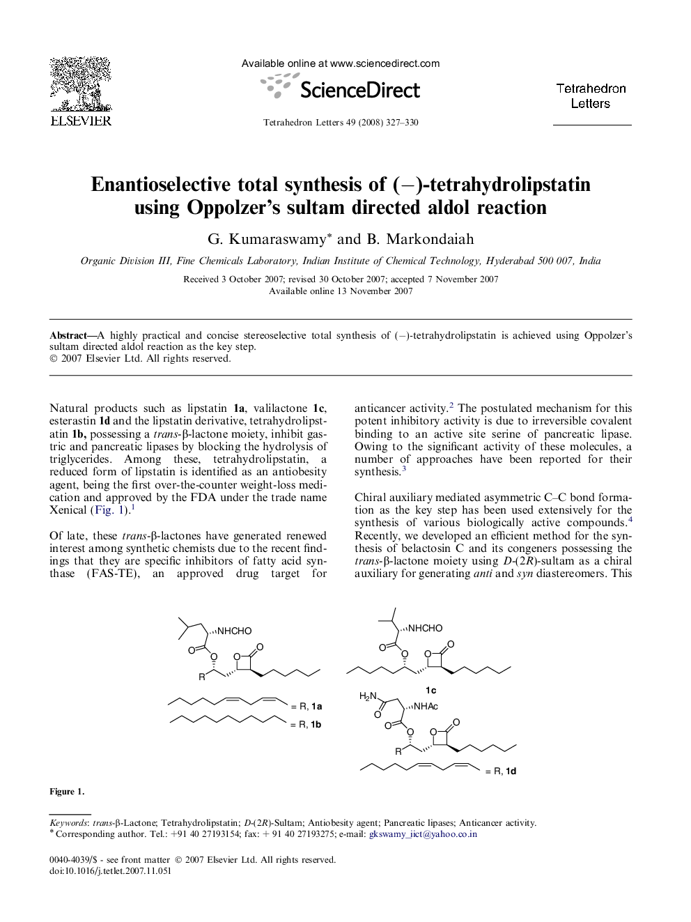 Enantioselective total synthesis of (â)-tetrahydrolipstatin using Oppolzer's sultam directed aldol reaction