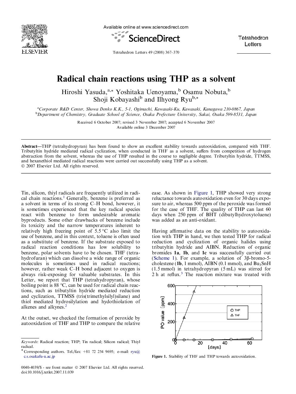 Radical chain reactions using THP as a solvent