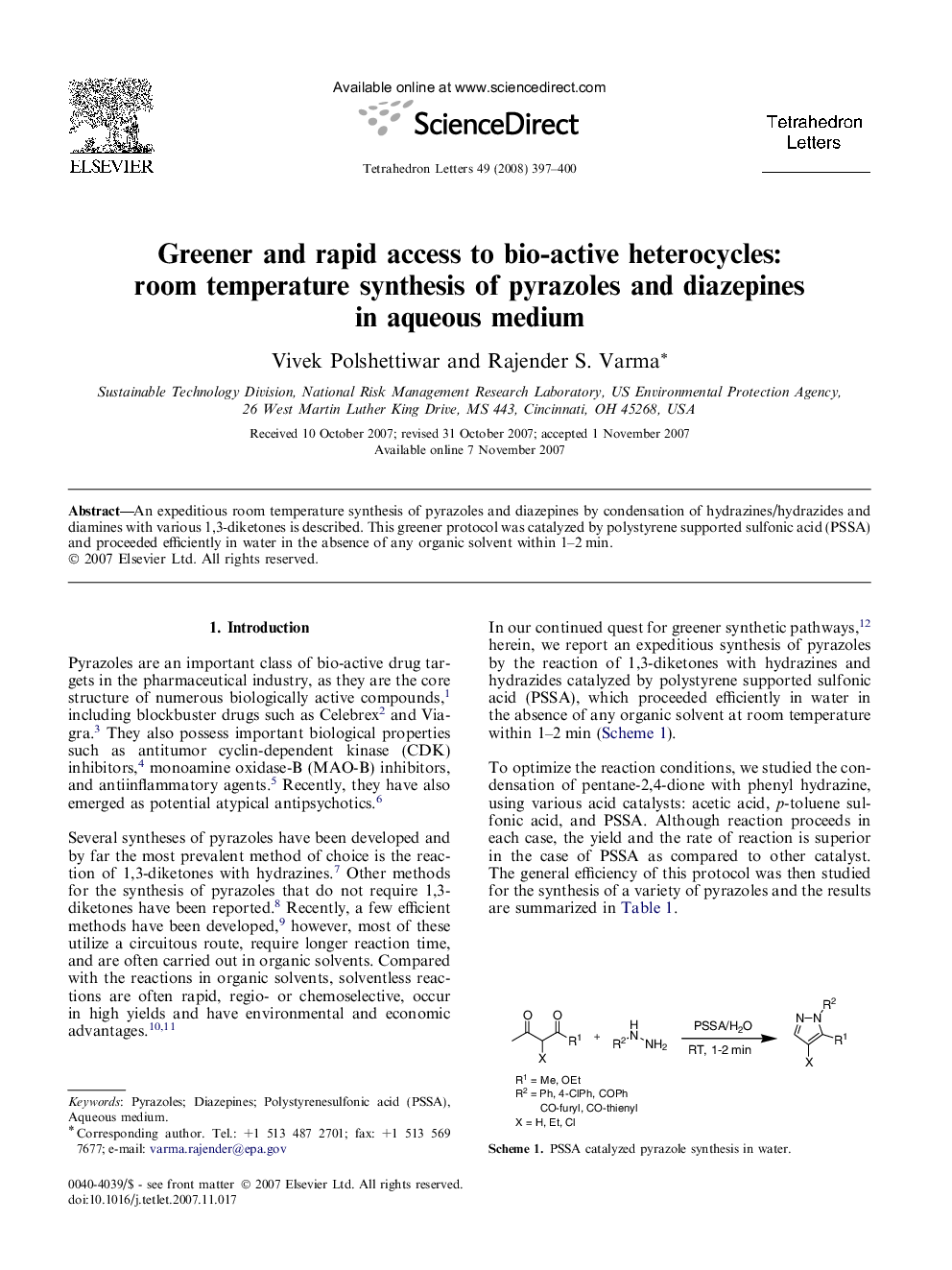 Greener and rapid access to bio-active heterocycles: room temperature synthesis of pyrazoles and diazepines in aqueous medium