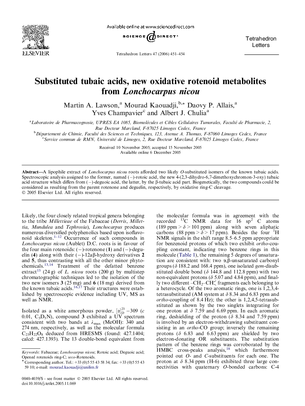 Substituted tubaic acids, new oxidative rotenoid metabolites from Lonchocarpus nicou