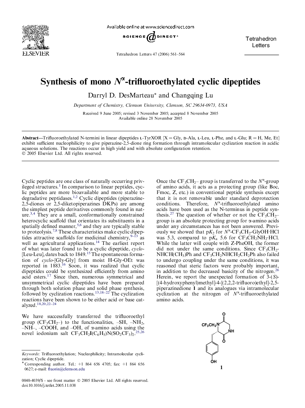 Synthesis of mono NÎ±-trifluoroethylated cyclic dipeptides