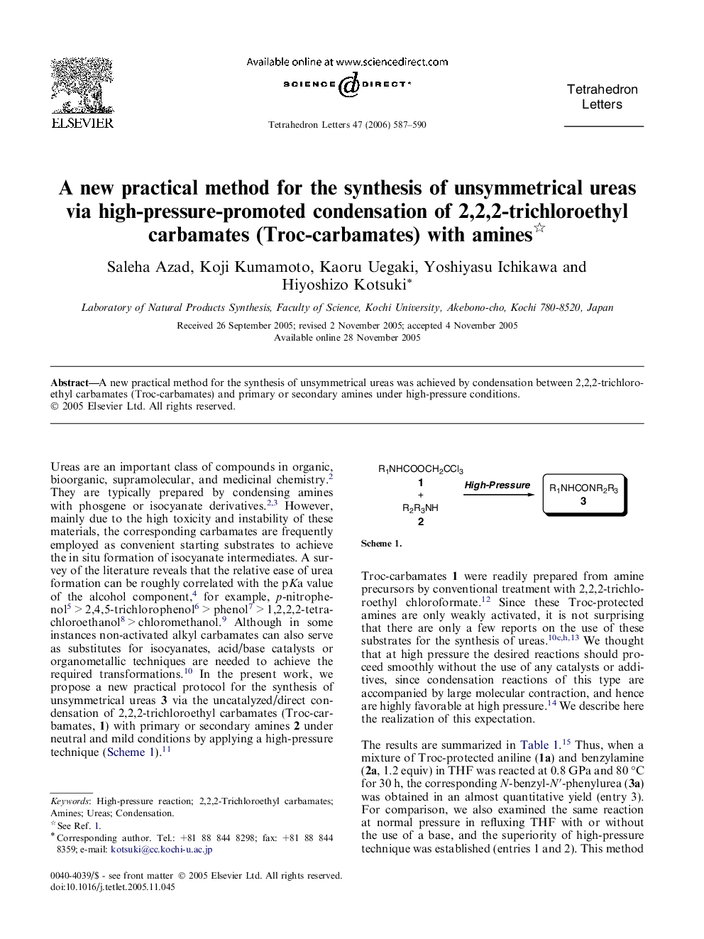 A new practical method for the synthesis of unsymmetrical ureas via high-pressure-promoted condensation of 2,2,2-trichloroethyl carbamates (Troc-carbamates) with amines