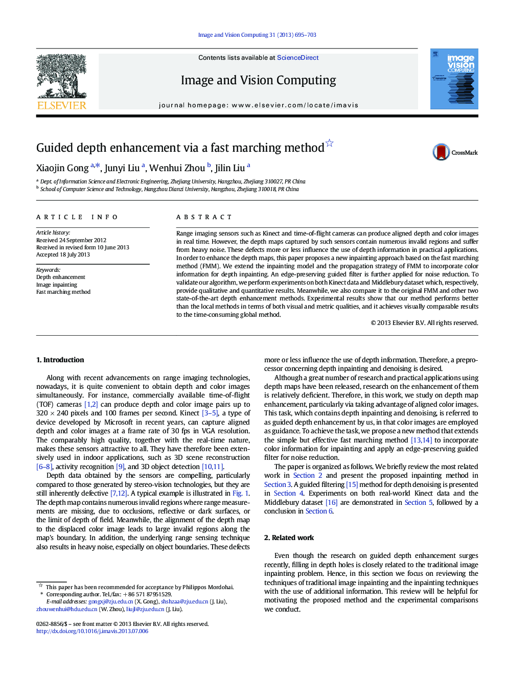 Guided depth enhancement via a fast marching method 