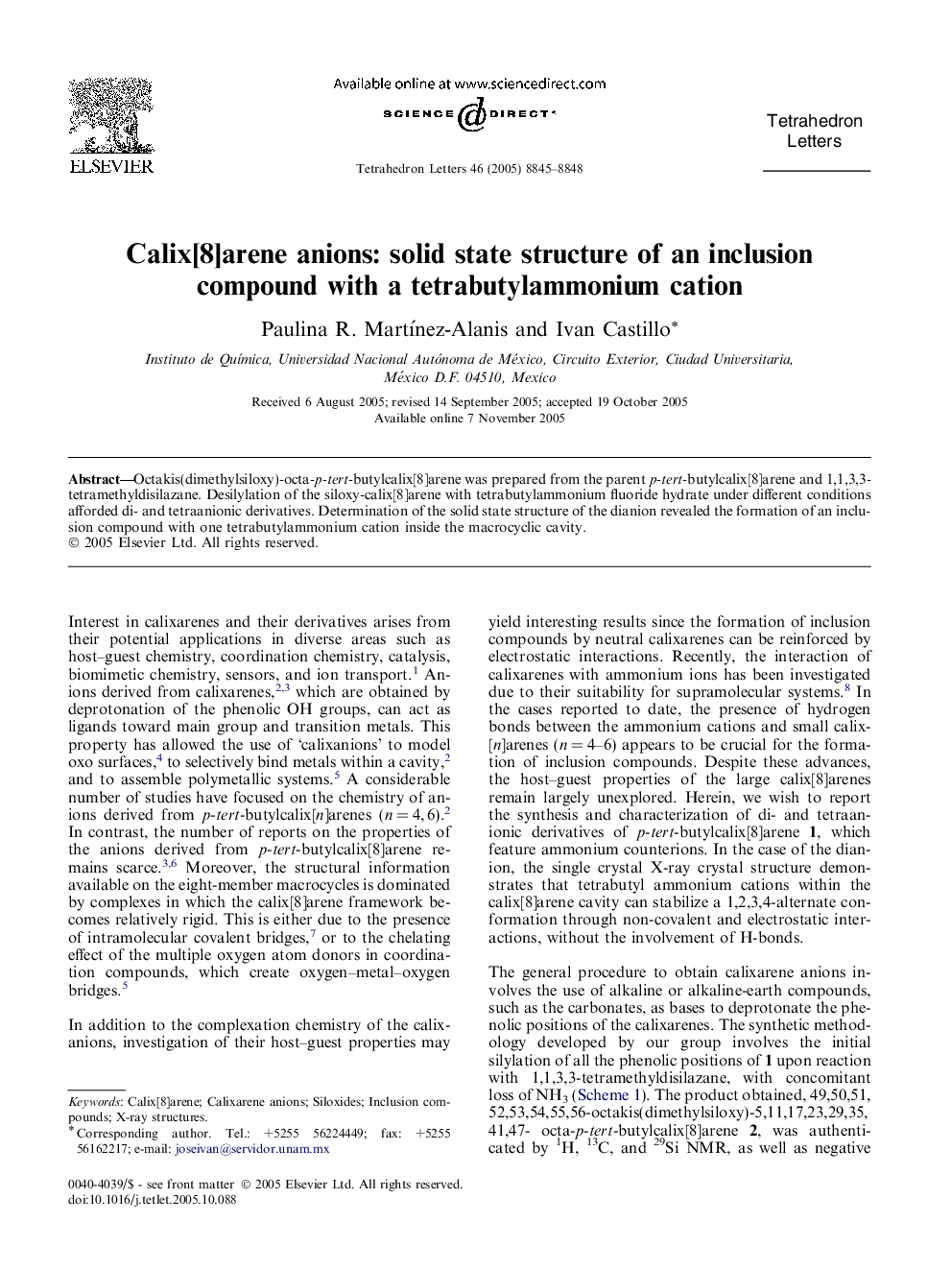 Calix[8]arene anions: solid state structure of an inclusion compound with a tetrabutylammonium cation